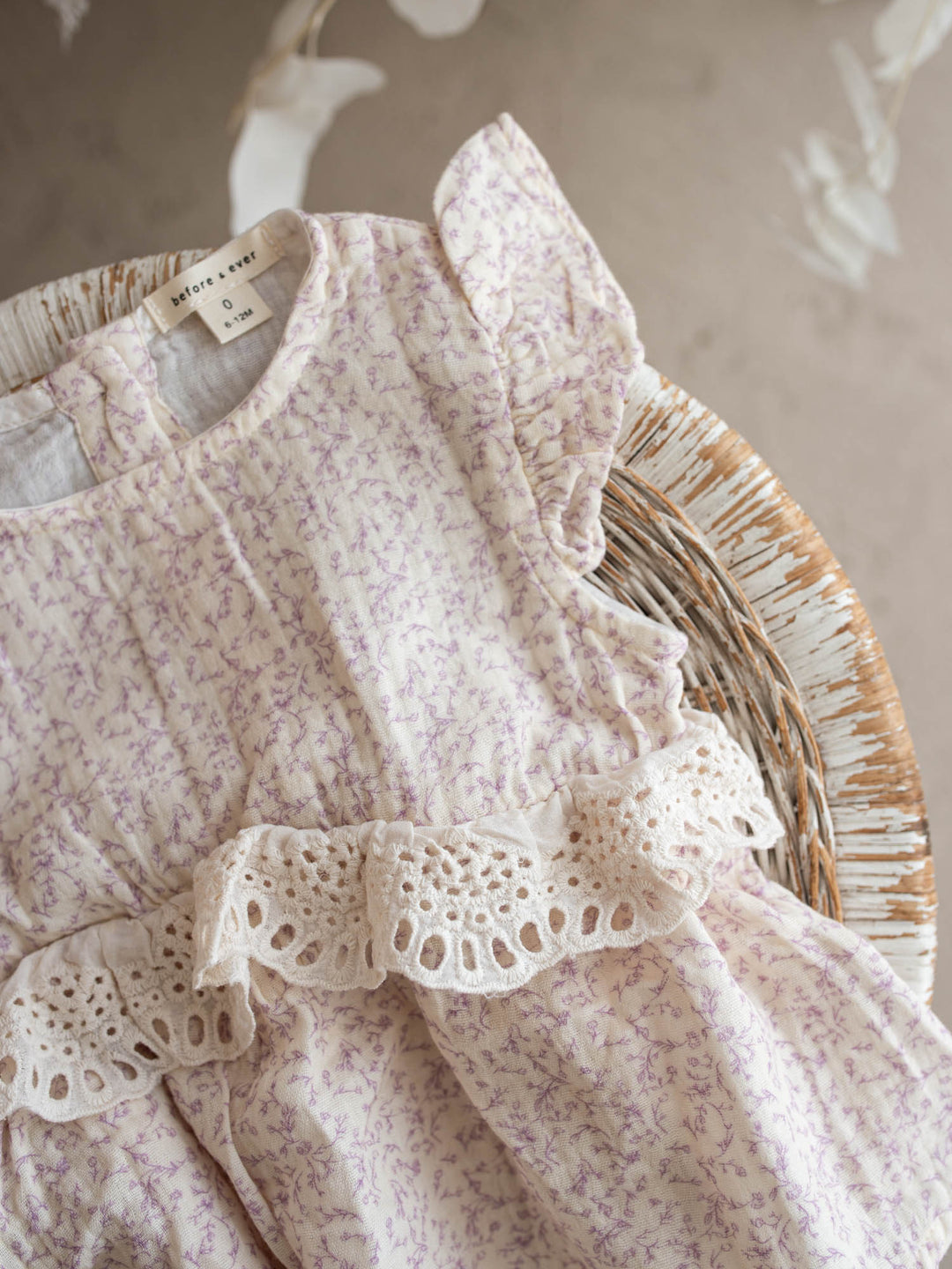 Dainty Miss Lavender Mae baby girl lavender floral cotton gauze romper with eyelet lace ruffle and flutter sleeves - Before & Ever Kids