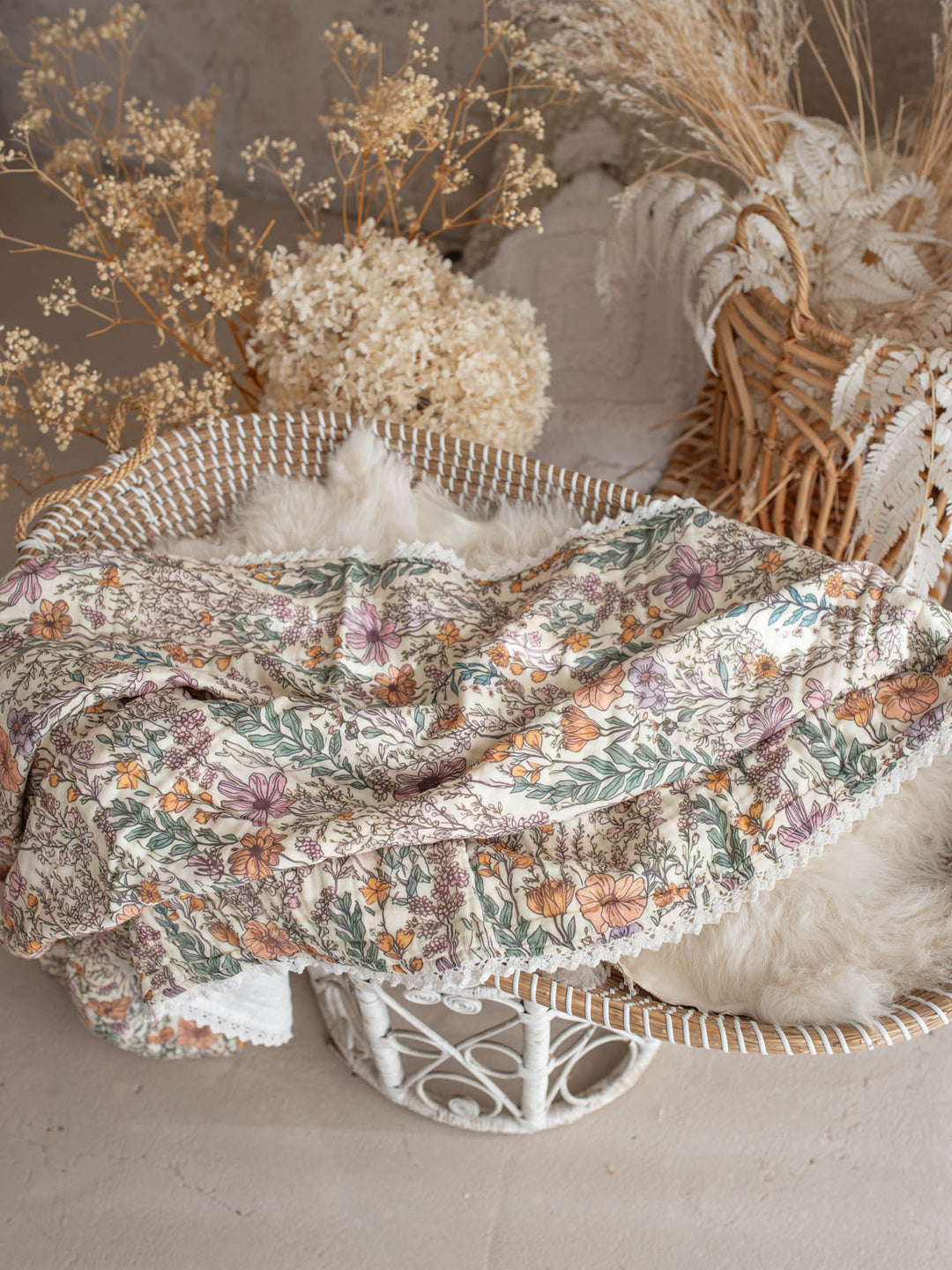 Dainty Miss Lavender Meadow wildflower muslin baby blanket with lace trim - Before & Ever Kids