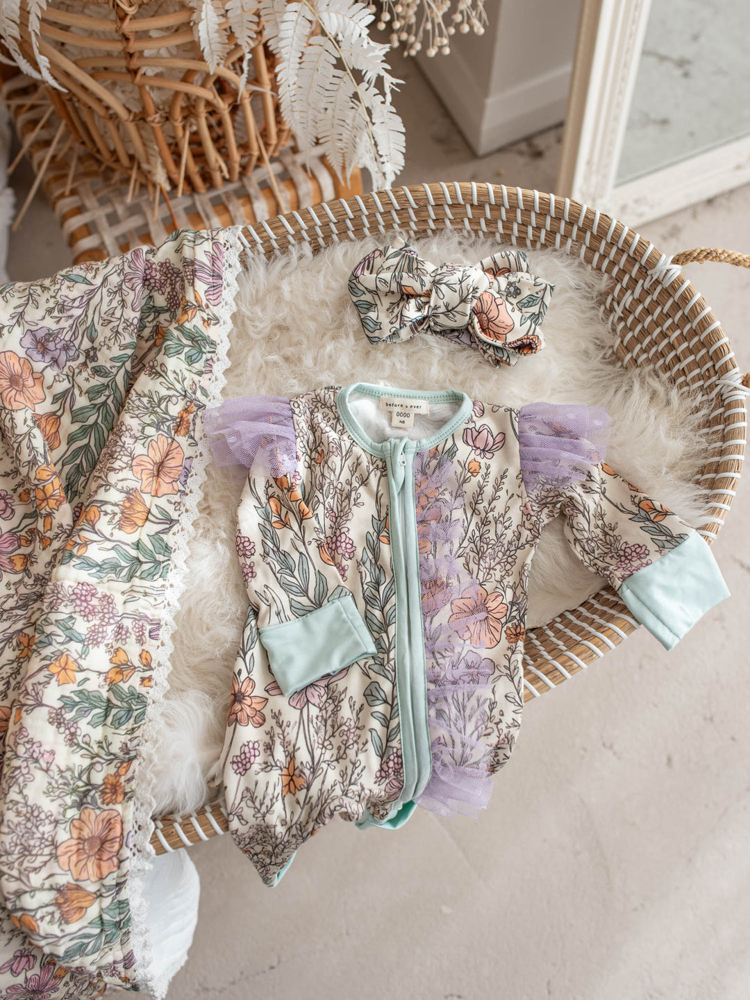 Dainty Miss Lavender Meadow wildflower muslin baby blanket with lace trim - Before & Ever Kids