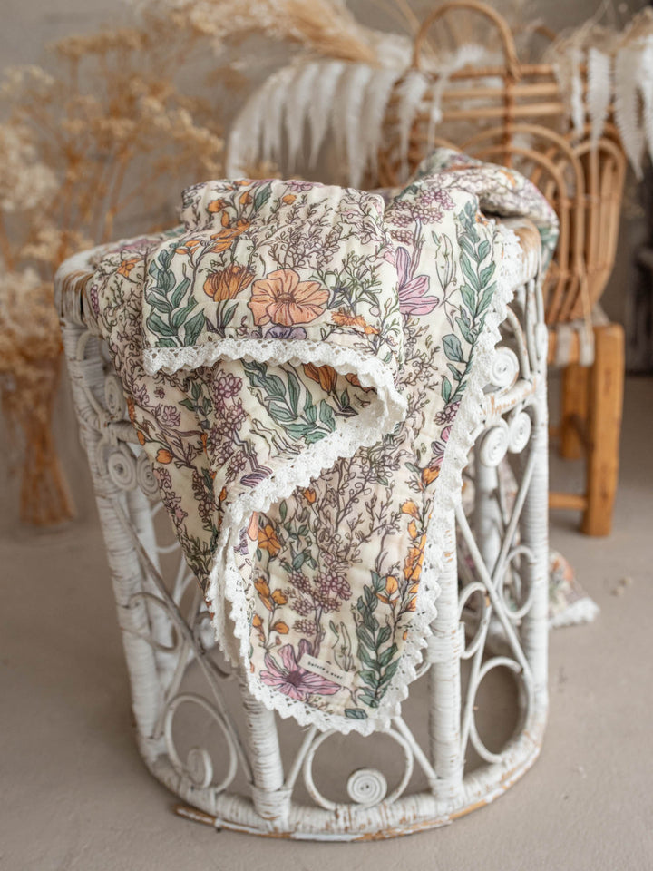 Dainty Miss Lavender Meadow wildflower muslin baby blanket with lace trim - Before & Ever Kids
