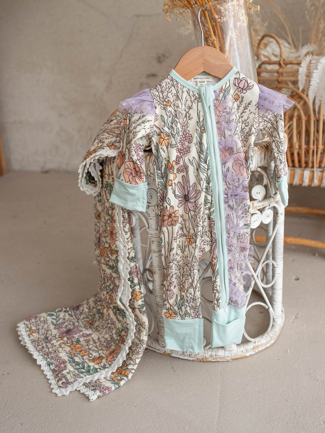 Dainty Miss Lavender Meadow wildflower muslin baby blanket with lace trim - Before & Ever Kids