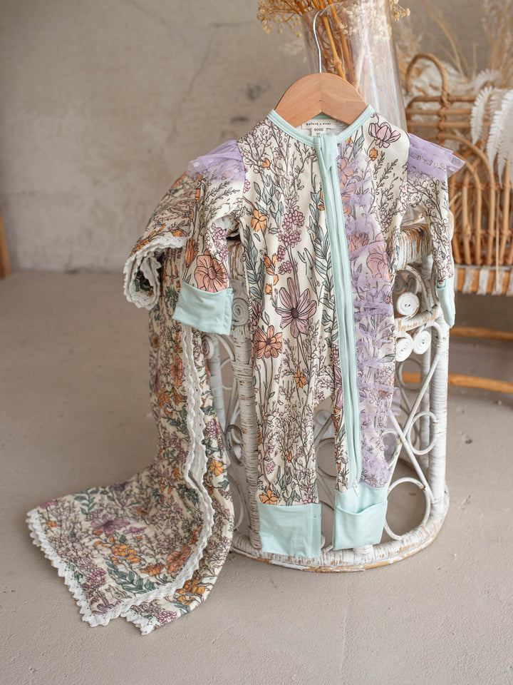 Dainty Miss Lavender Meadow wildflower muslin baby blanket with lace trim - Before & Ever Kids