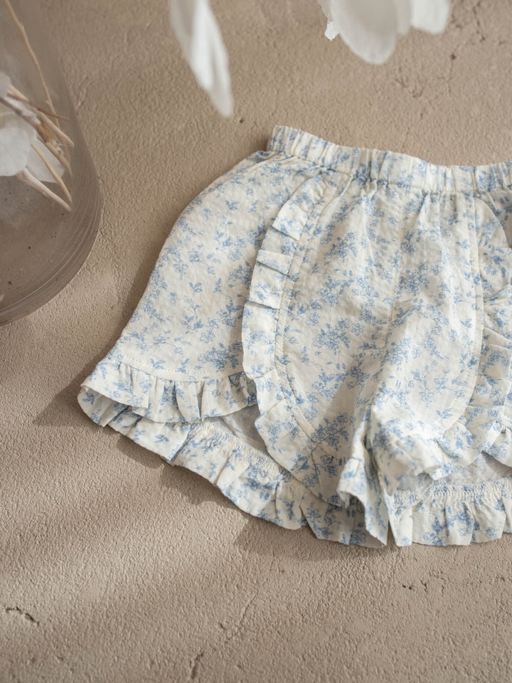 Dainty Miss Little Bluebell baby girl blue floral cotton top and shorts set with ruffle collar - Before & Ever Kids