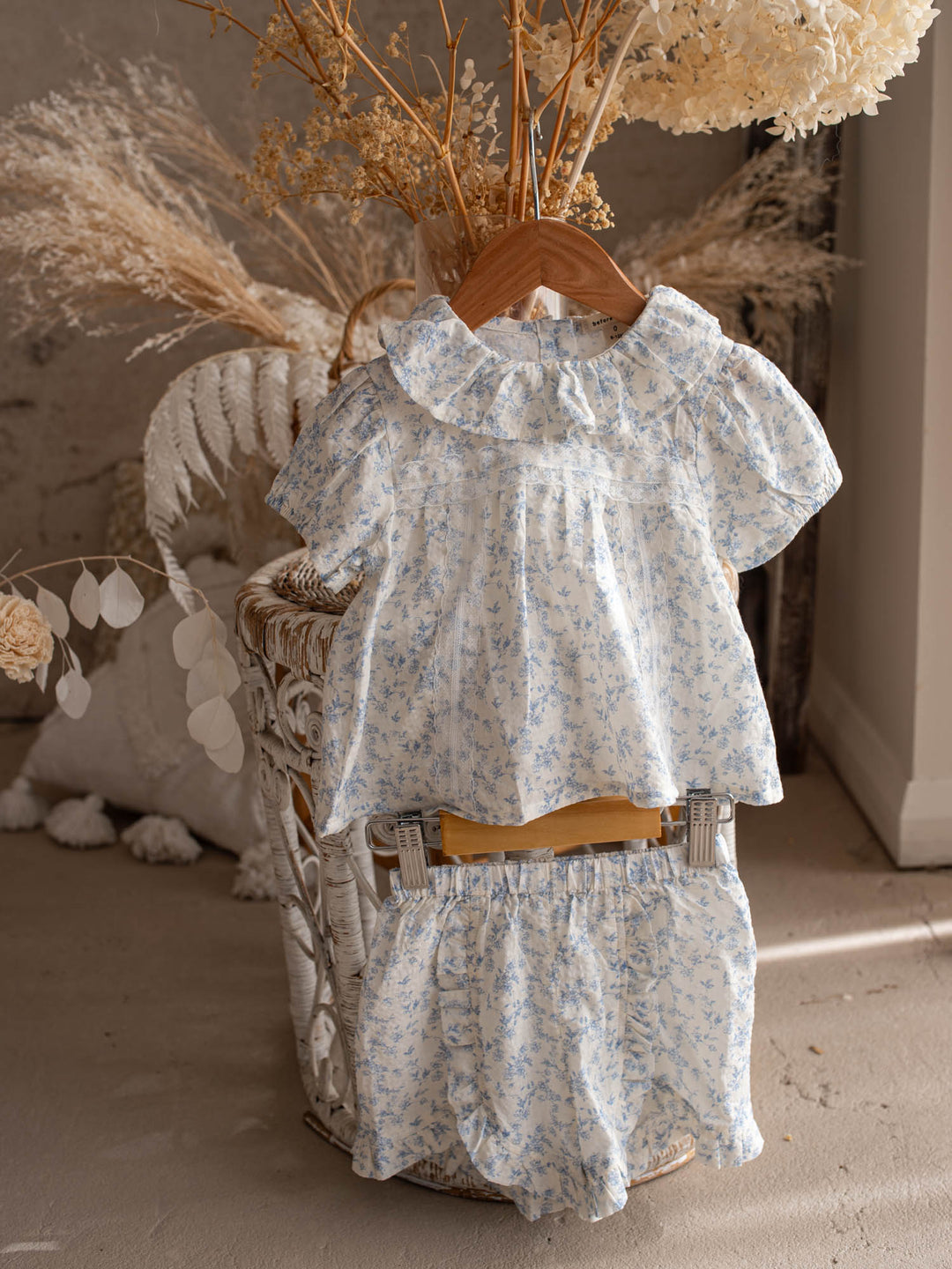 Dainty Miss Little Bluebell baby girl blue floral cotton top and shorts set with ruffle collar - Before & Ever Kids
