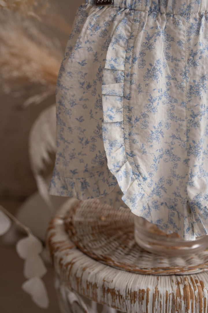 Dainty Miss Little Bluebell baby girl blue floral cotton top and shorts set with ruffle collar - Before & Ever Kids