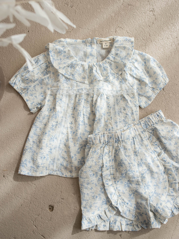 Dainty Miss Little Bluebell baby girl blue floral cotton top and shorts set with ruffle collar - Before & Ever Kids