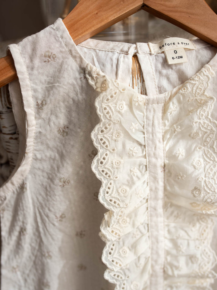 Dainty Miss Miss Ivory baby girl ivory floral cotton dress with cascading eyelet lace front, sleeveless - Before & Ever Kids