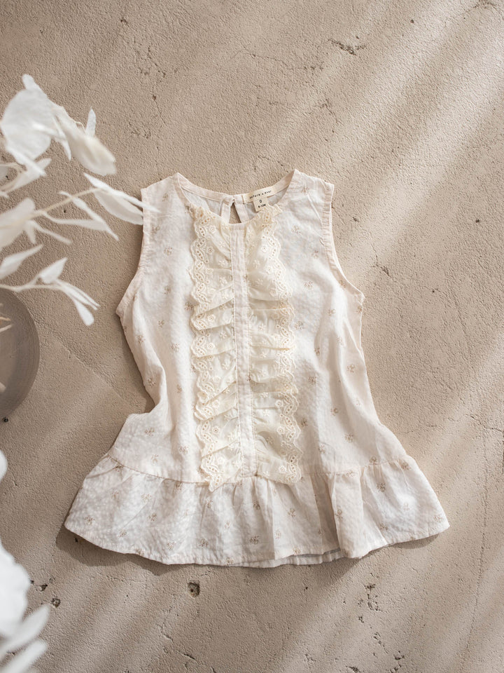 Dainty Miss Miss Ivory baby girl ivory floral cotton dress with cascading eyelet lace front, sleeveless - Before & Ever Kids