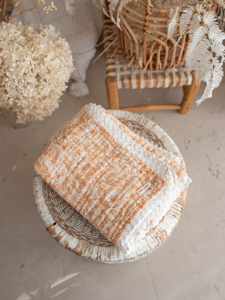 Dainty Miss Peach Blossom muslin baby blanket with lace trim - Before & Ever Kids