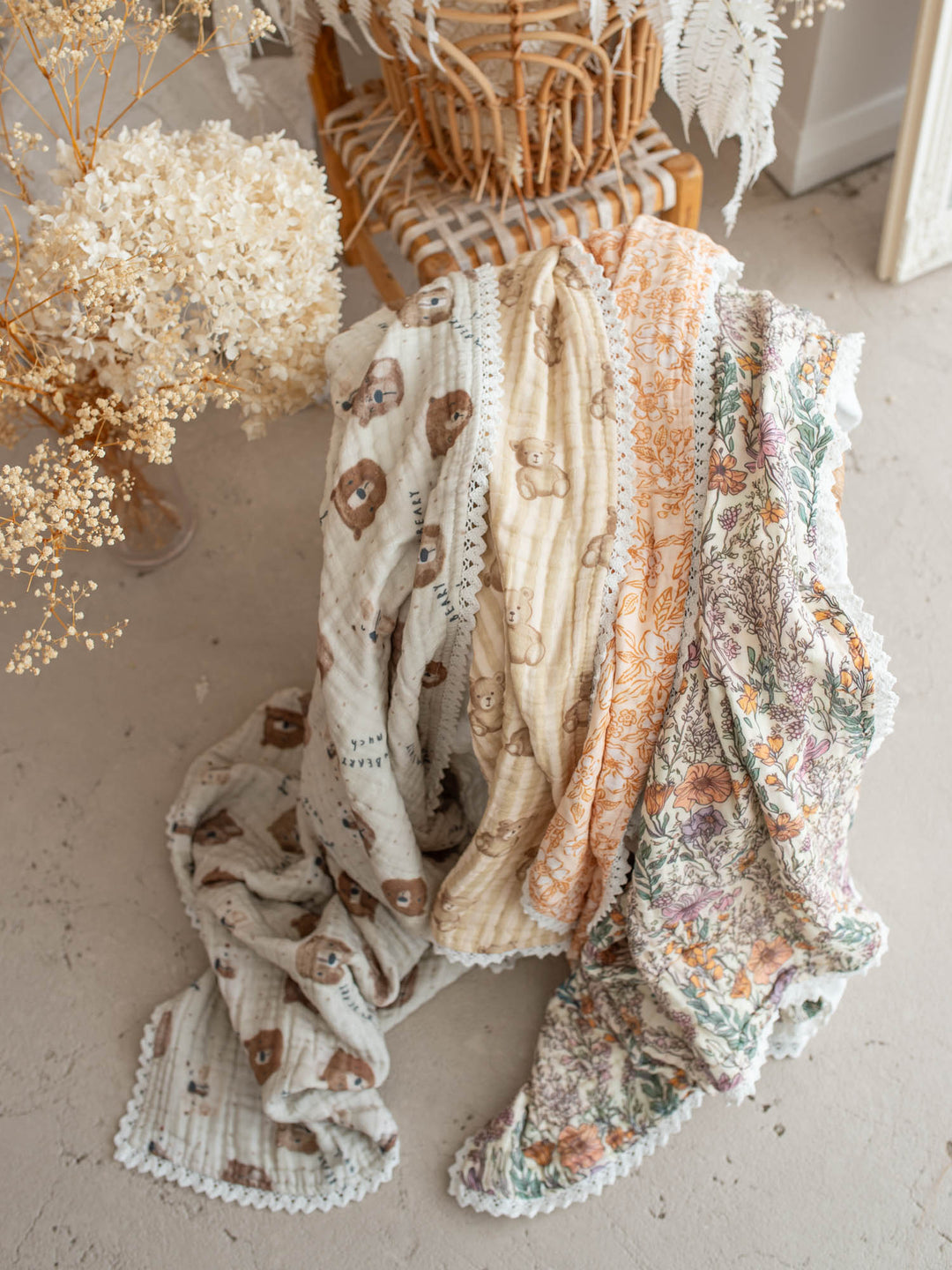 Dainty Miss Peach Blossom muslin baby blanket with lace trim - Before & Ever Kids