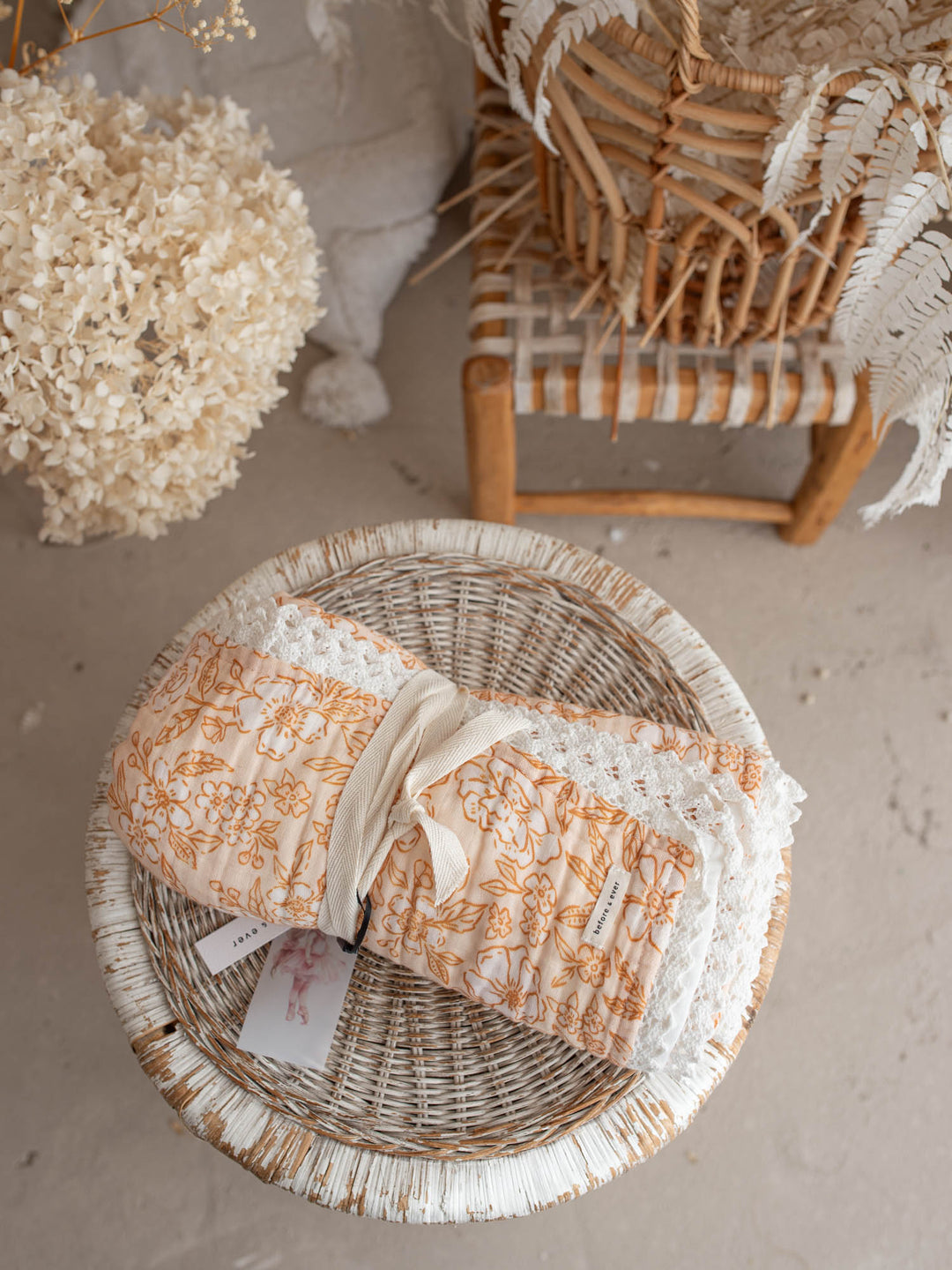Dainty Miss Peach Blossom muslin baby blanket with lace trim - Before & Ever Kids
