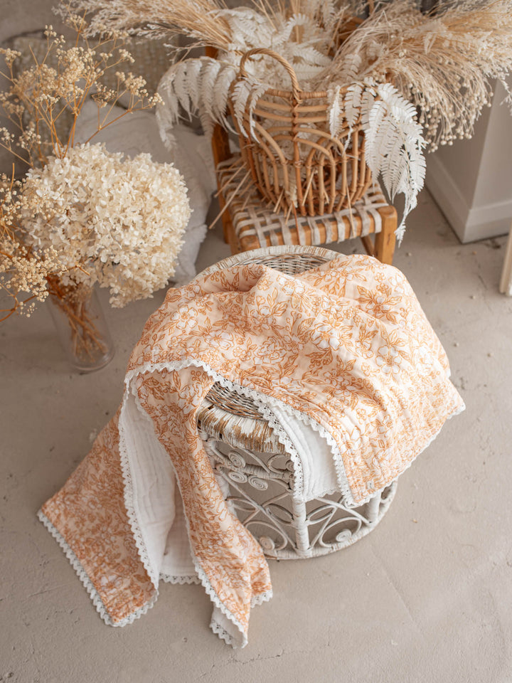 Dainty Miss Peach Blossom muslin baby blanket with lace trim - Before & Ever Kids