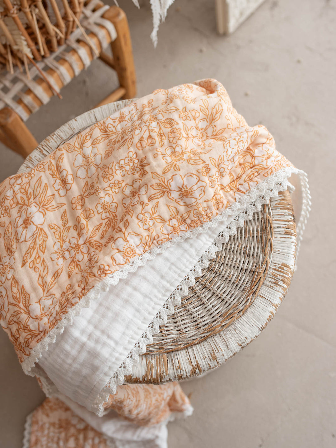 Dainty Miss Peach Blossom muslin baby blanket with lace trim - Before & Ever Kids