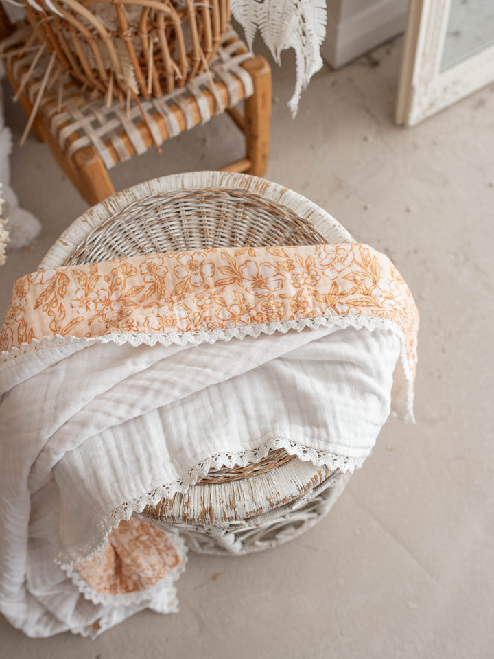 Dainty Miss Peach Blossom muslin baby blanket with lace trim - Before & Ever Kids