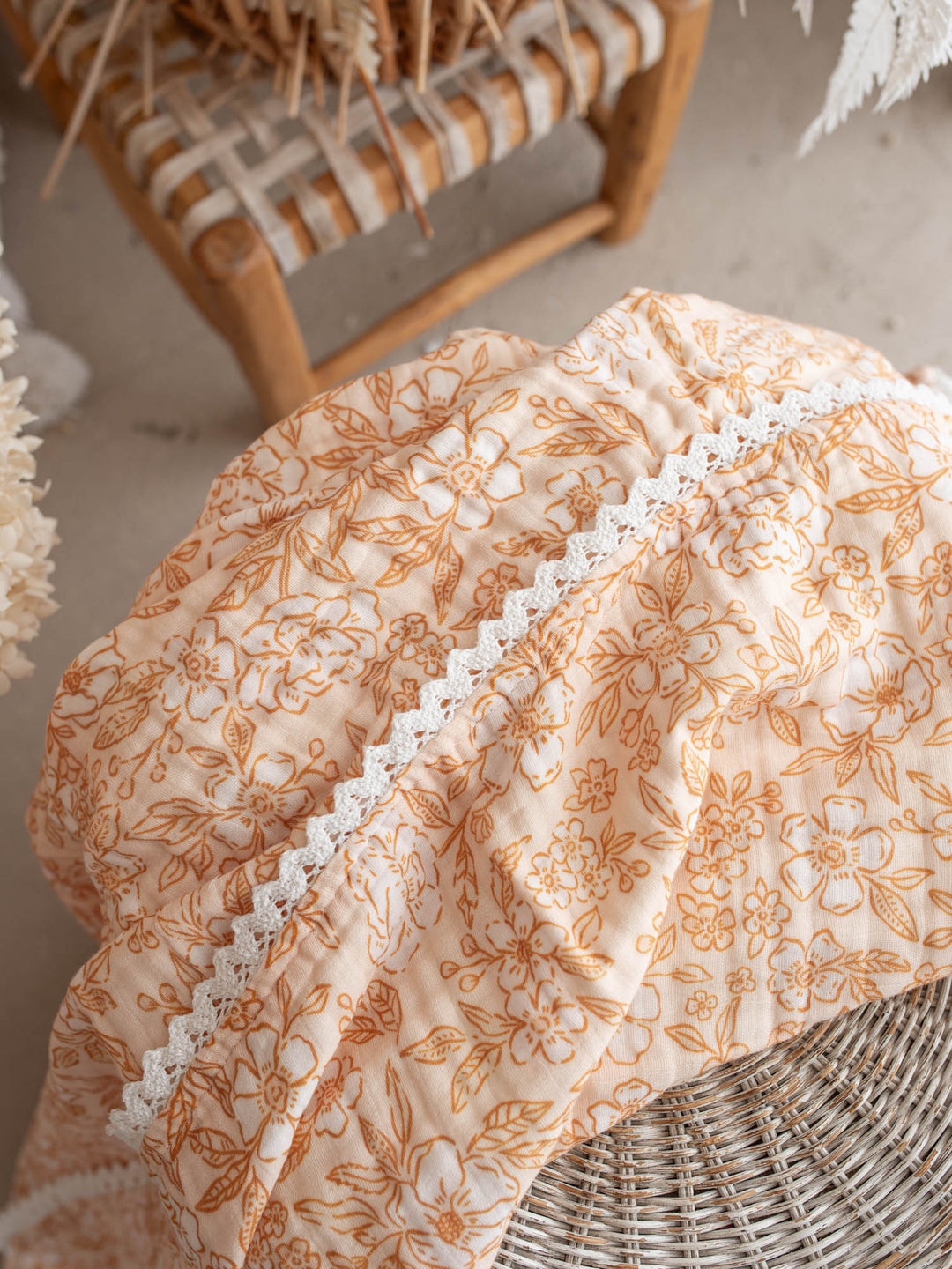 Dainty Miss Peach Blossom muslin baby blanket with lace trim - Before & Ever Kids