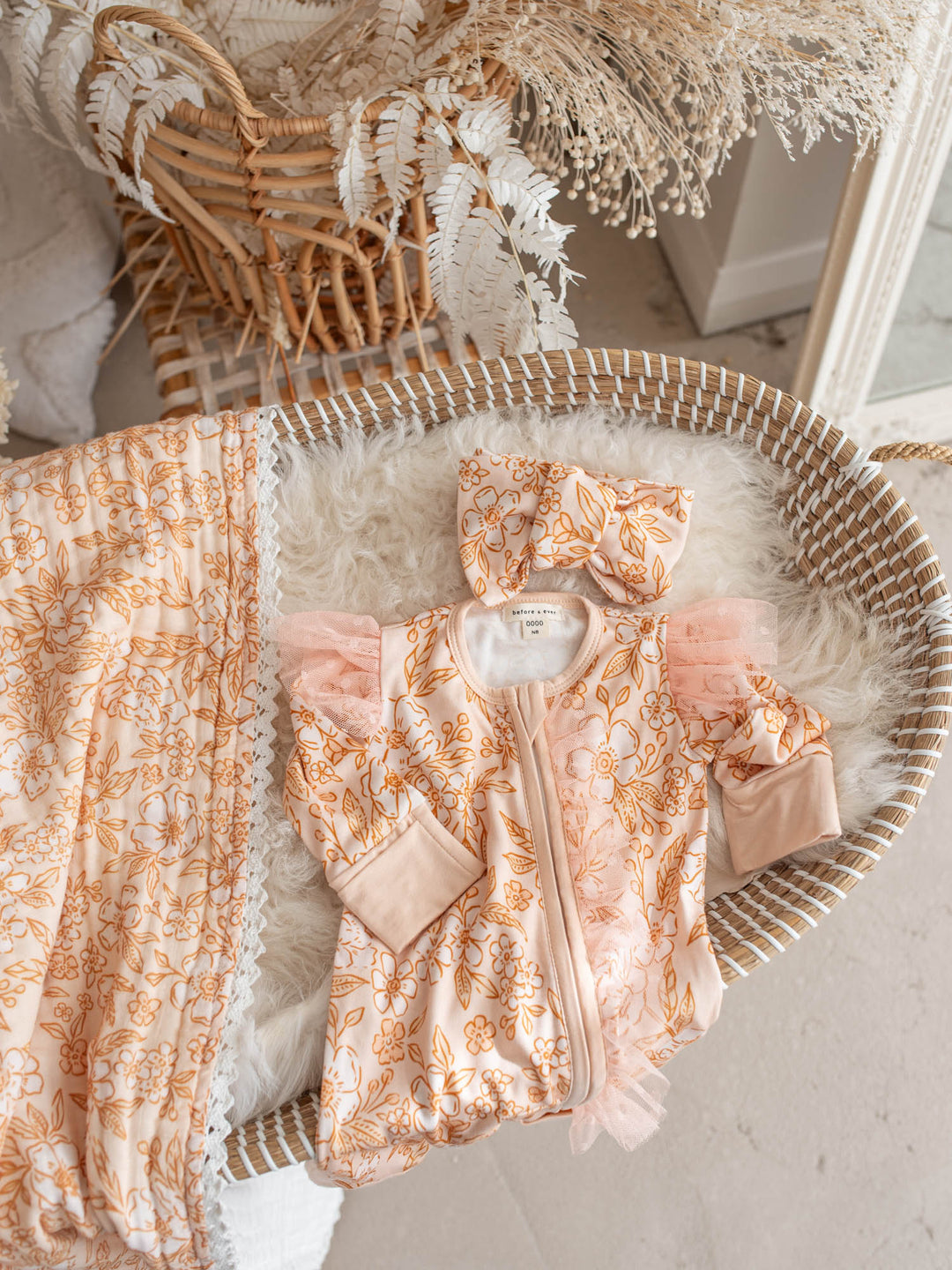 Dainty Miss Peach Blossom muslin baby blanket with lace trim - Before & Ever Kids