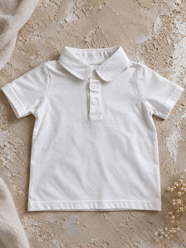 Everyday Cotton Polo, white short sleeve cotton polo, laid flat, full front - Before & Ever Kids