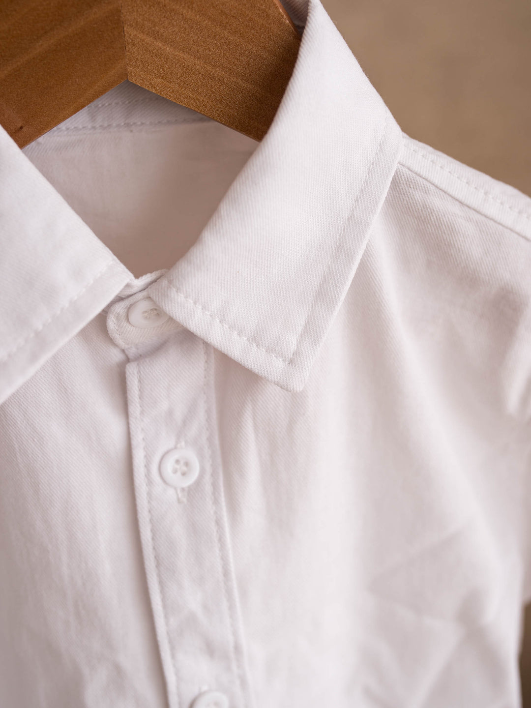 Everyday Cotton Shirt in white, boys collared cotton button shirt, close on the collar and button placket - Before & Ever Kids
