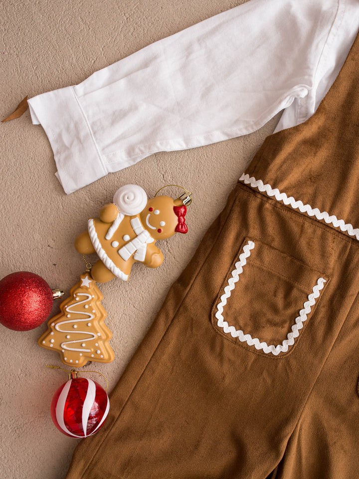 Everyday Cotton Shirt in white, boys collared cotton button shirt, sleeve shown beside a caramel velvet overall - Before & Ever Kids