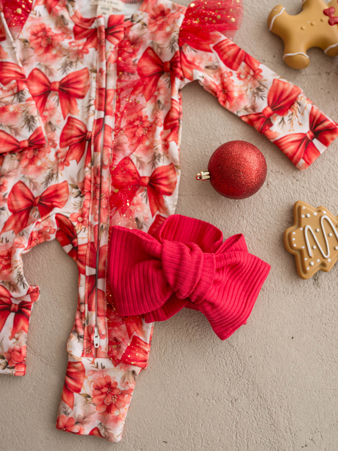 Forever Loved red ribbed topknot headwrap shown with the All I Wish Red Bow onesie - Before & Ever Kids