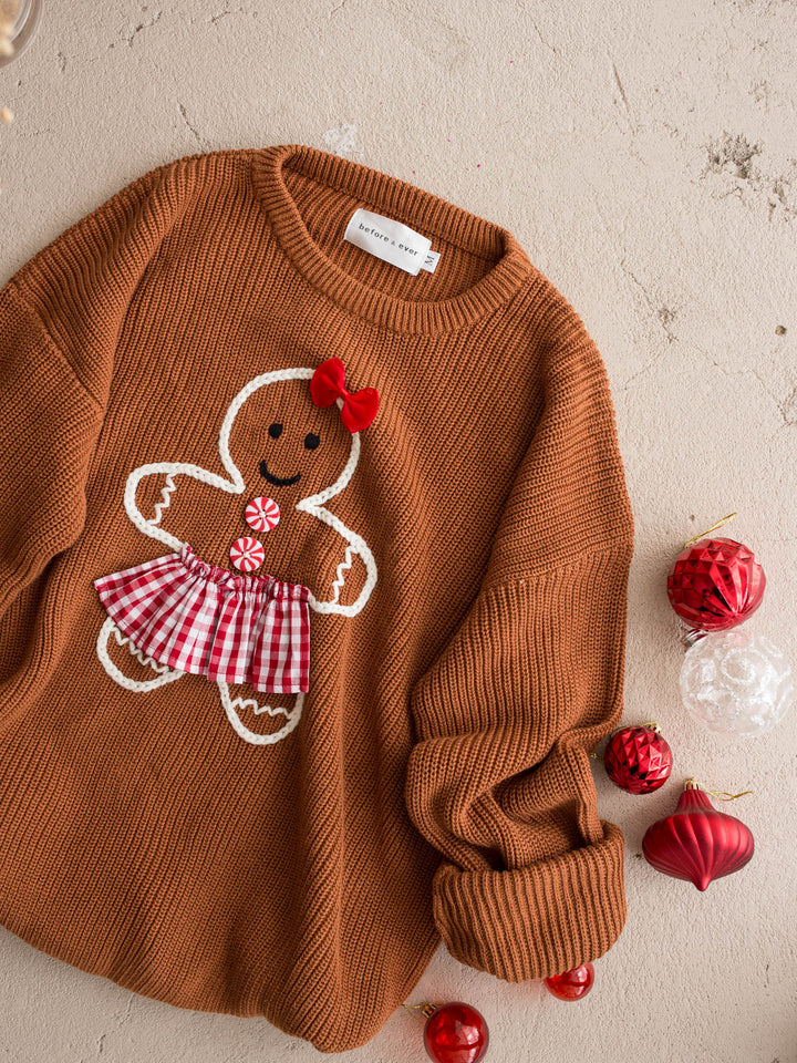 Gingerbread Sweater for Mama, caramel knit with an embroidered gingerbread girl in a gingham skirt - Before & Ever Kids