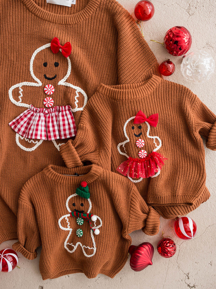 Gingerbread Sweater for Mama shown with the matching kids and adult gingerbread sweaters - Before & Ever Kids