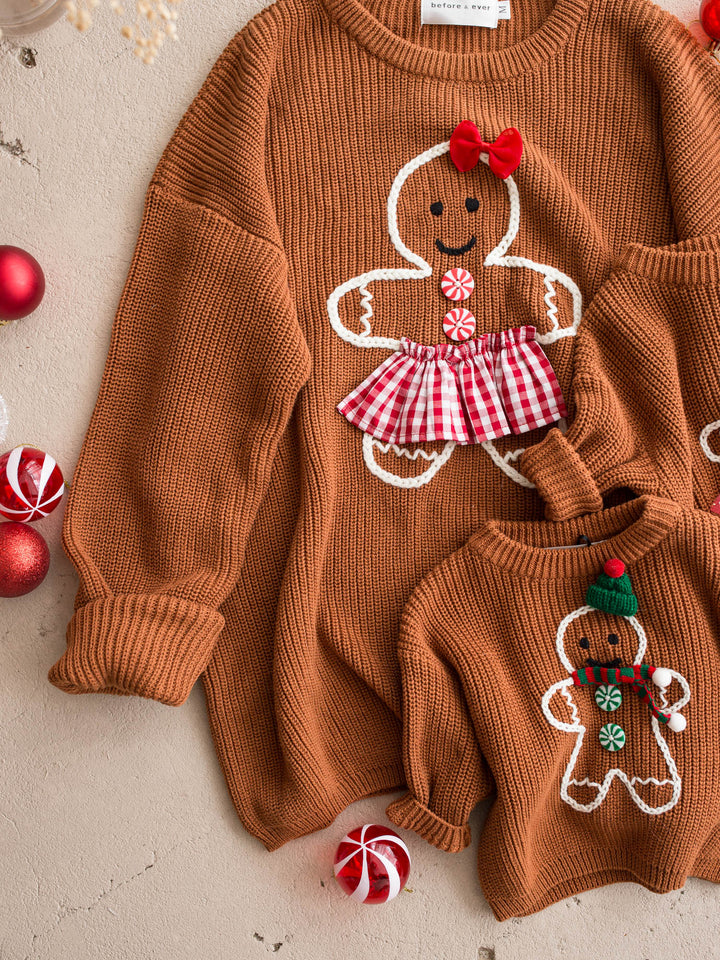 Gingerbread Sweater for Mama shown with the matching kids and adult gingerbread sweaters - Before & Ever Kids