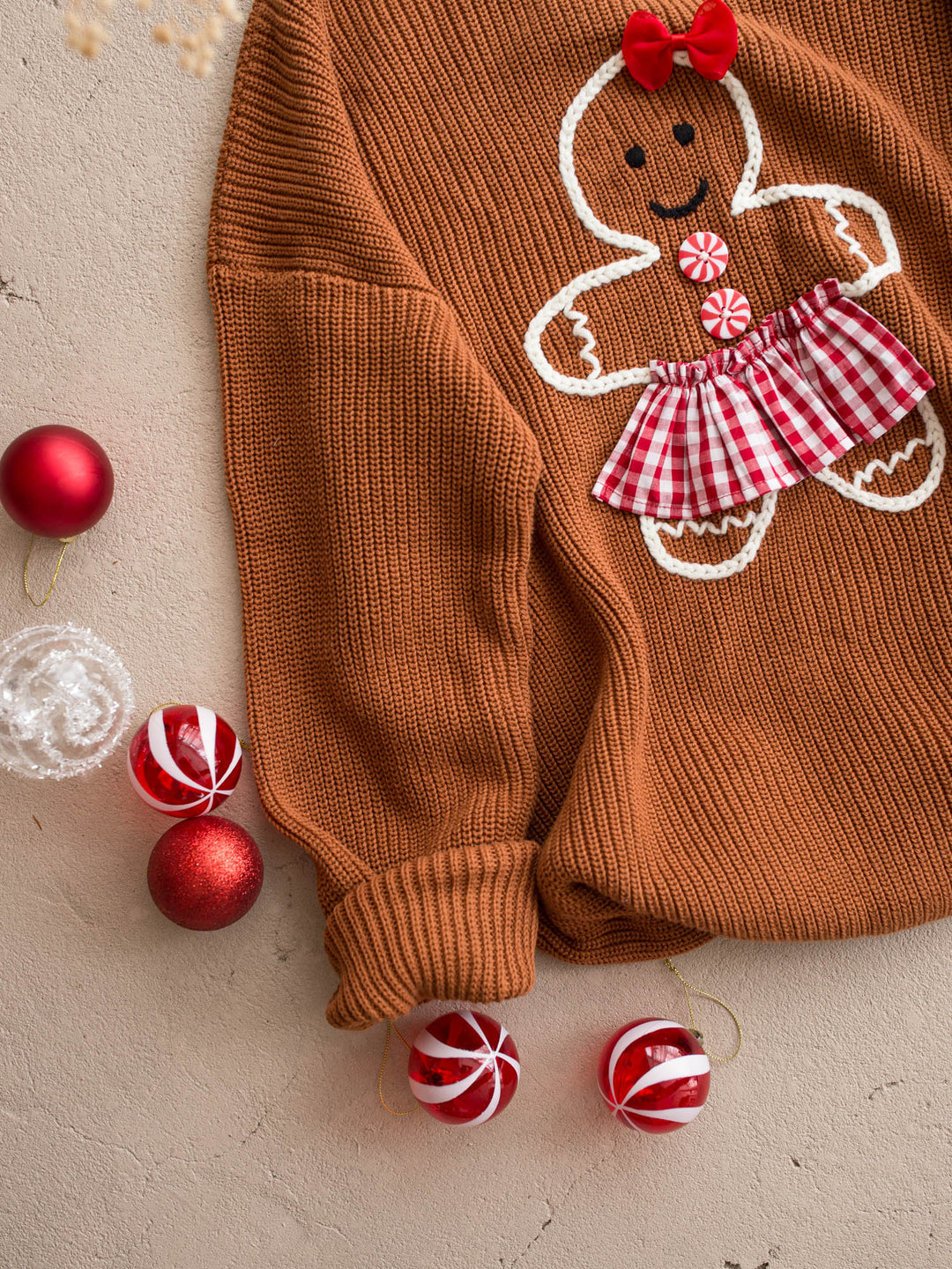 Gingerbread Sweater for Mama, caramel knit with an embroidered gingerbread girl in a gingham skirt - Before & Ever Kids