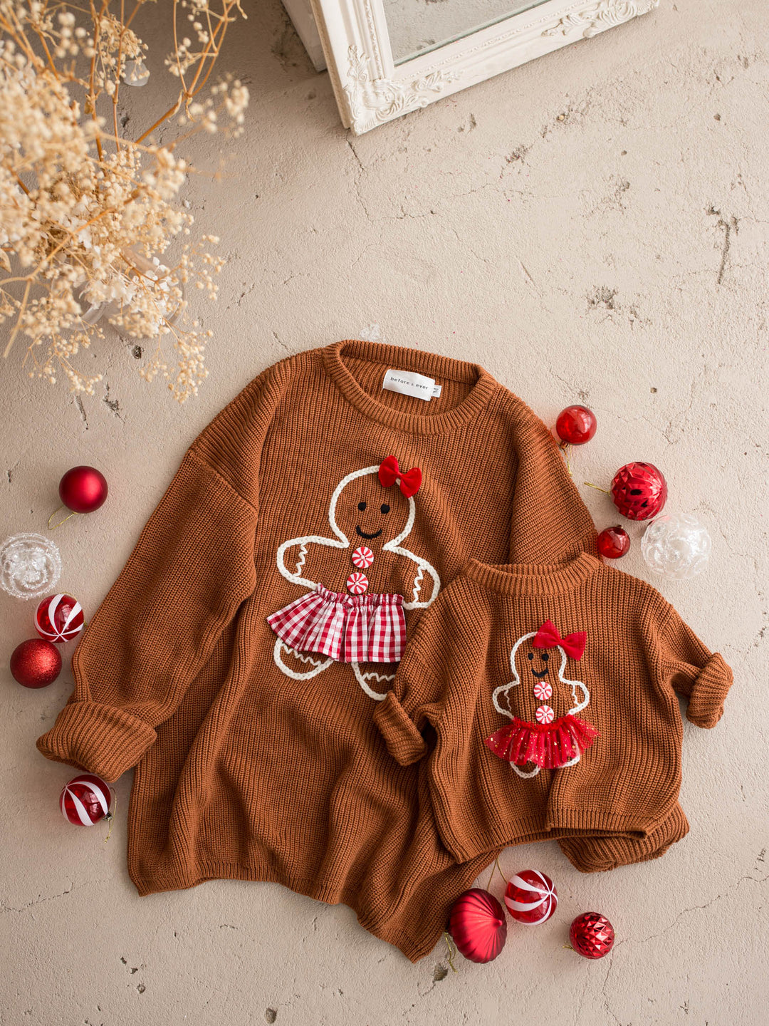 Gingerbread Sweater for Mama shown with the matching kids and adult gingerbread sweaters - Before & Ever Kids