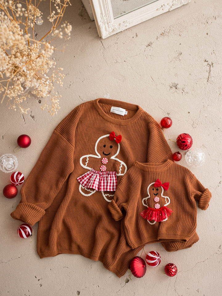 Gingerbread Sweater for Mama shown with the matching kids and adult gingerbread sweaters - Before & Ever Kids