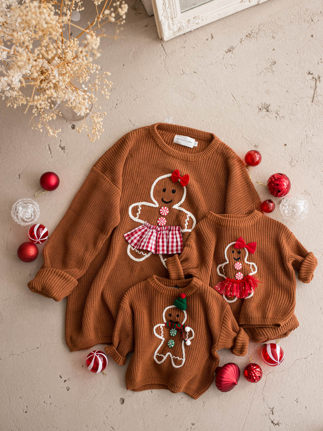 Gingerbread Sweater for Mama shown with the matching kids and adult gingerbread sweaters - Before & Ever Kids