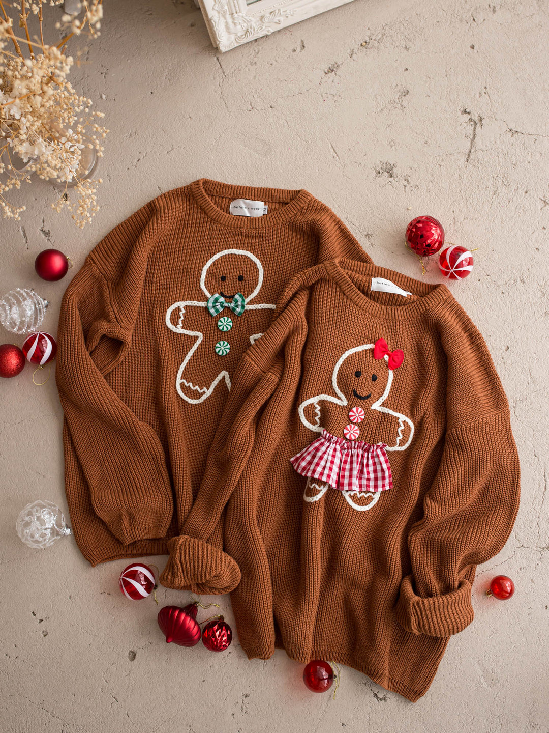 Gingerbread Sweater unisex adult shown with the matching kids and adult gingerbread sweaters - Before & Ever Kids