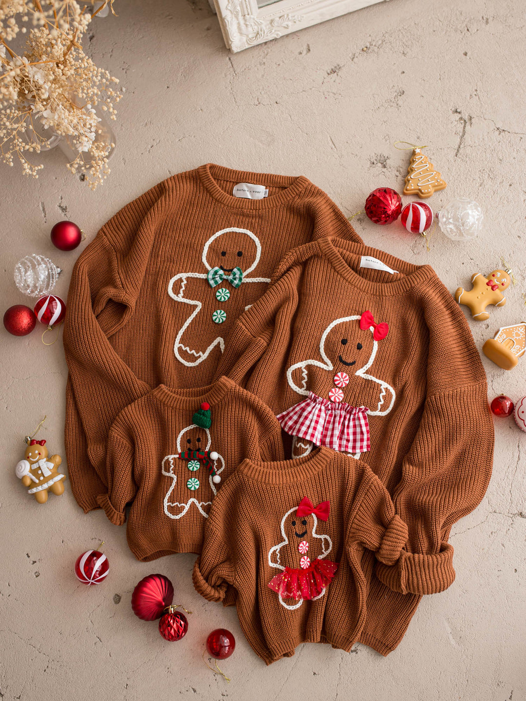 Gingerbread Sweater unisex adult shown with the matching kids and adult gingerbread sweaters - Before & Ever Kids
