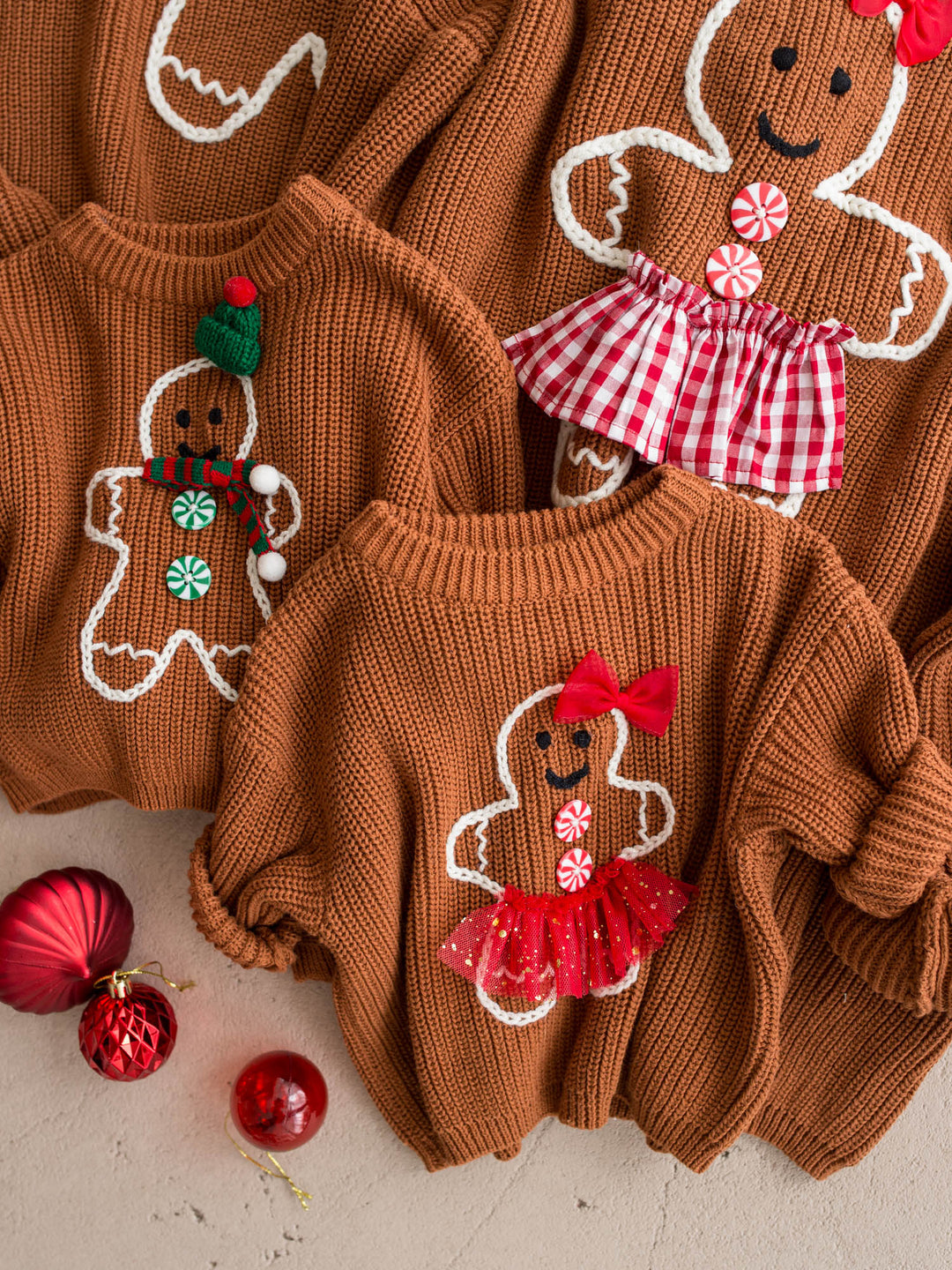 Gingerbread Sweater unisex adult shown with the matching kids and adult gingerbread sweaters - Before & Ever Kids