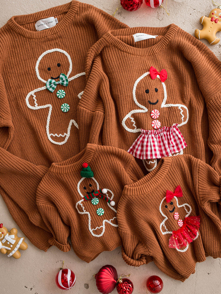 Gingerbread Sweater unisex adult shown with the matching kids and adult gingerbread sweaters - Before & Ever Kids