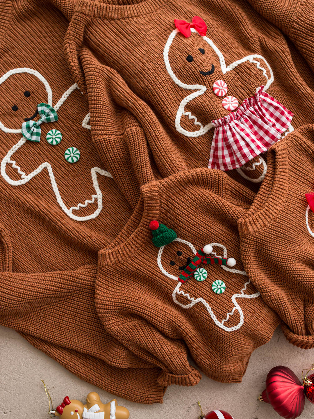 Gingerbread Sweater unisex adult shown with the matching kids and adult gingerbread sweaters - Before & Ever Kids