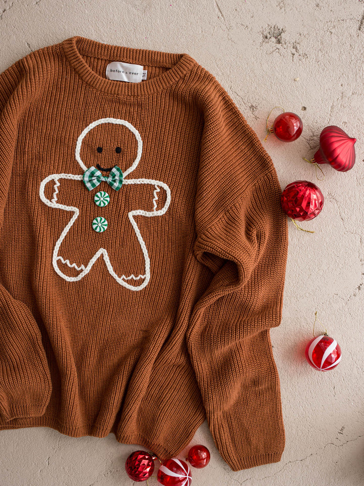 Gingerbread Sweater unisex adult, caramel knit with an embroidered gingerbread boy in a green beanie and scarf - Before & Ever Kids