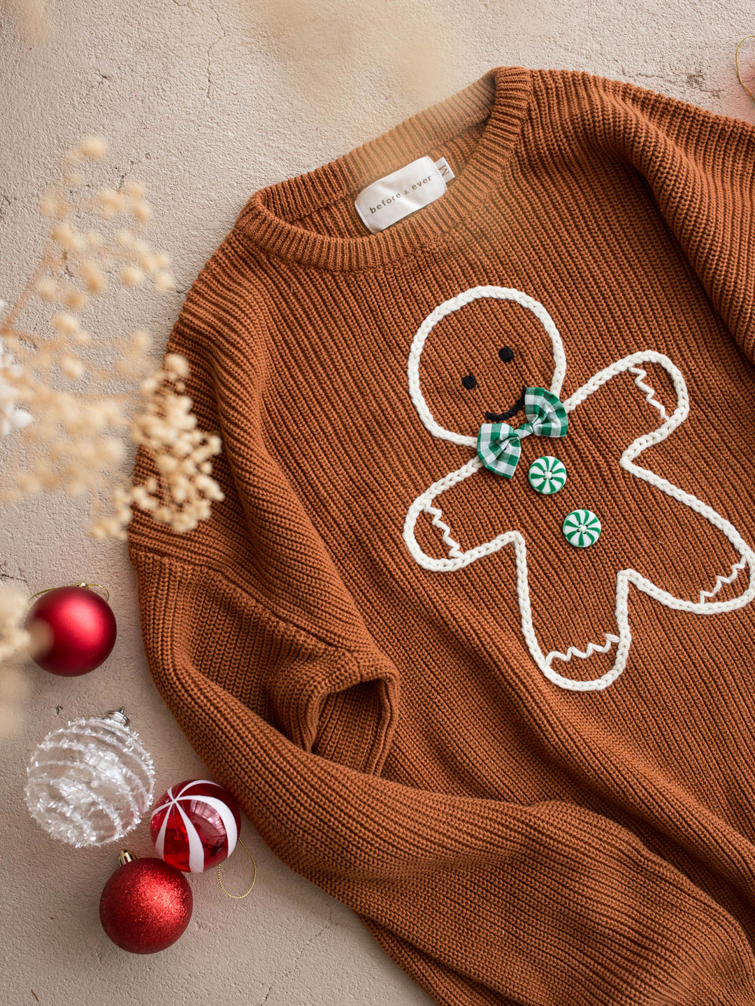 Gingerbread Sweater unisex adult, caramel knit with an embroidered gingerbread boy in a green beanie and scarf - Before & Ever Kids