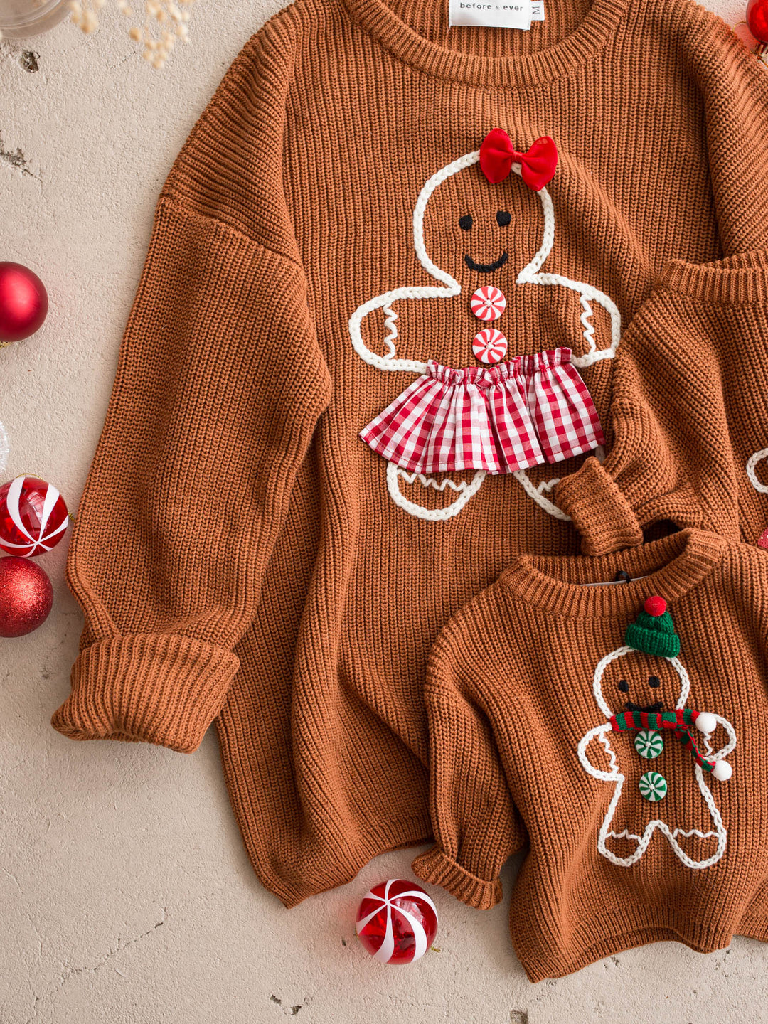 Gingerbread Sweater unisex adult shown with the matching kids and adult gingerbread sweaters - Before & Ever Kids
