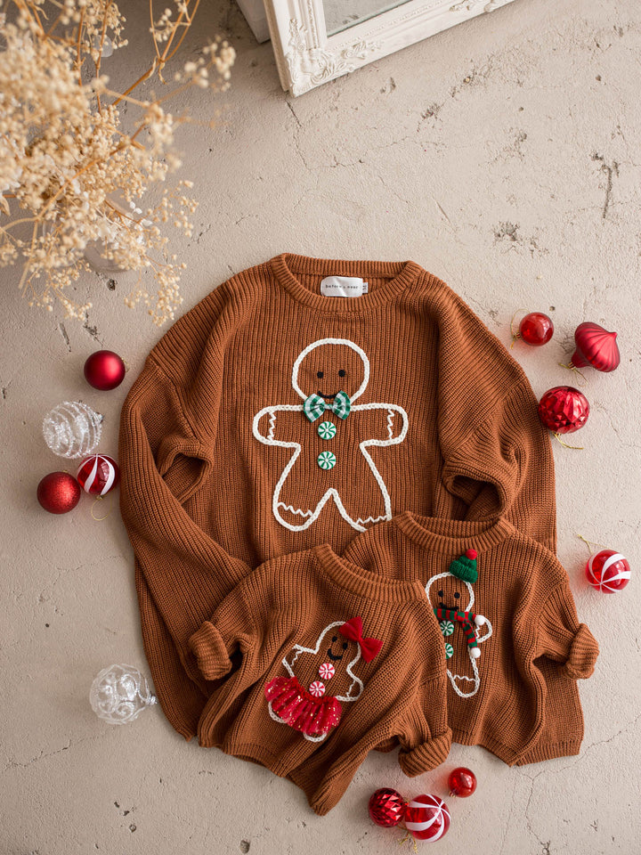 Gingerbread Sweater unisex adult shown with the matching kids and adult gingerbread sweaters - Before & Ever Kids