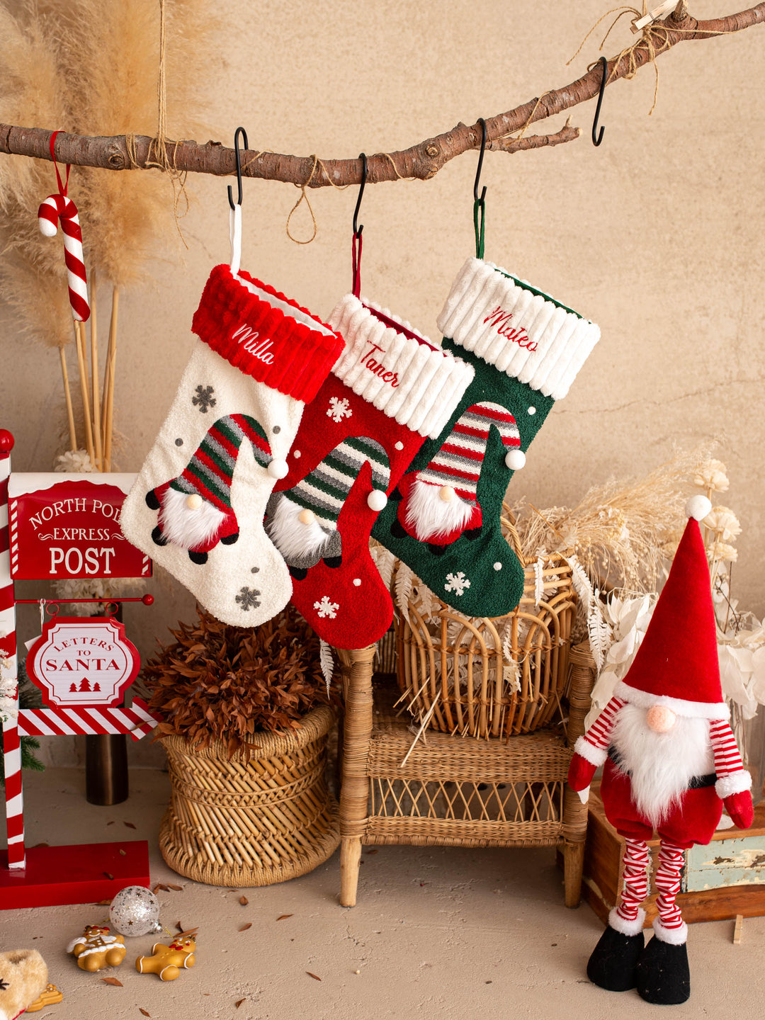 Gnome For Christmas personalised Christmas stocking, three stockings hanging from a branch in a Christmas scene - Before & Ever Kids