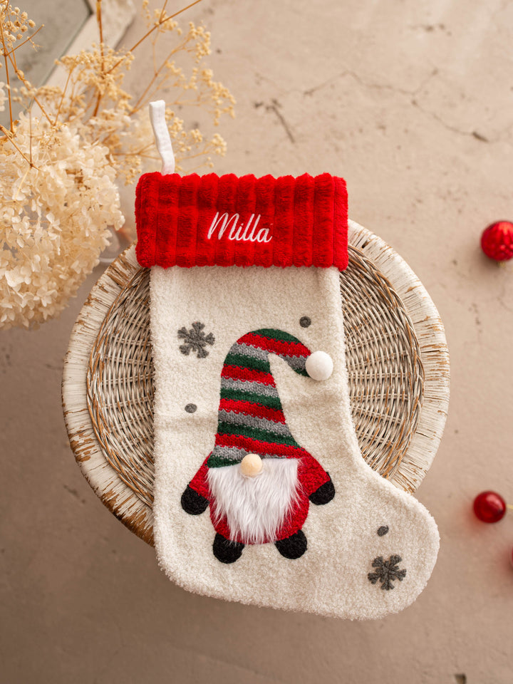 Gnome For Christmas personalised Christmas stocking, cream with a red ribbed cuff and a striped hat gnome, name embroidered on the cuff - Before & Ever Kids