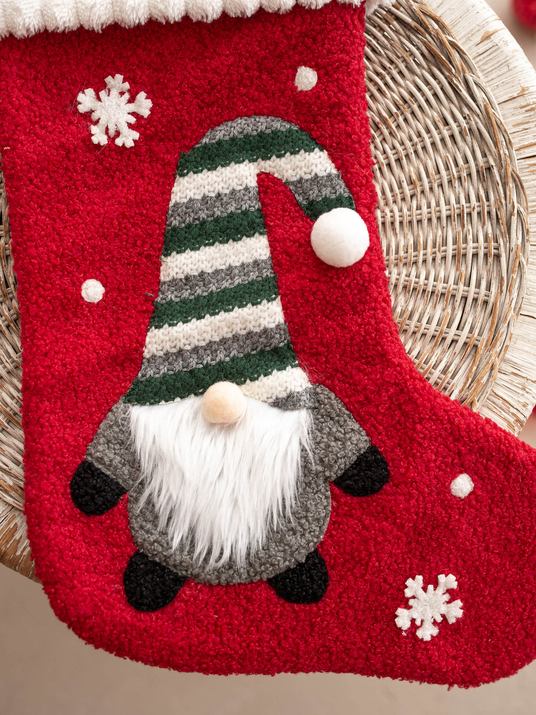 Gnome For Christmas personalised Christmas stocking, close up of the gnome on the red stocking, fluffy white beard and striped hat - Before & Ever Kids