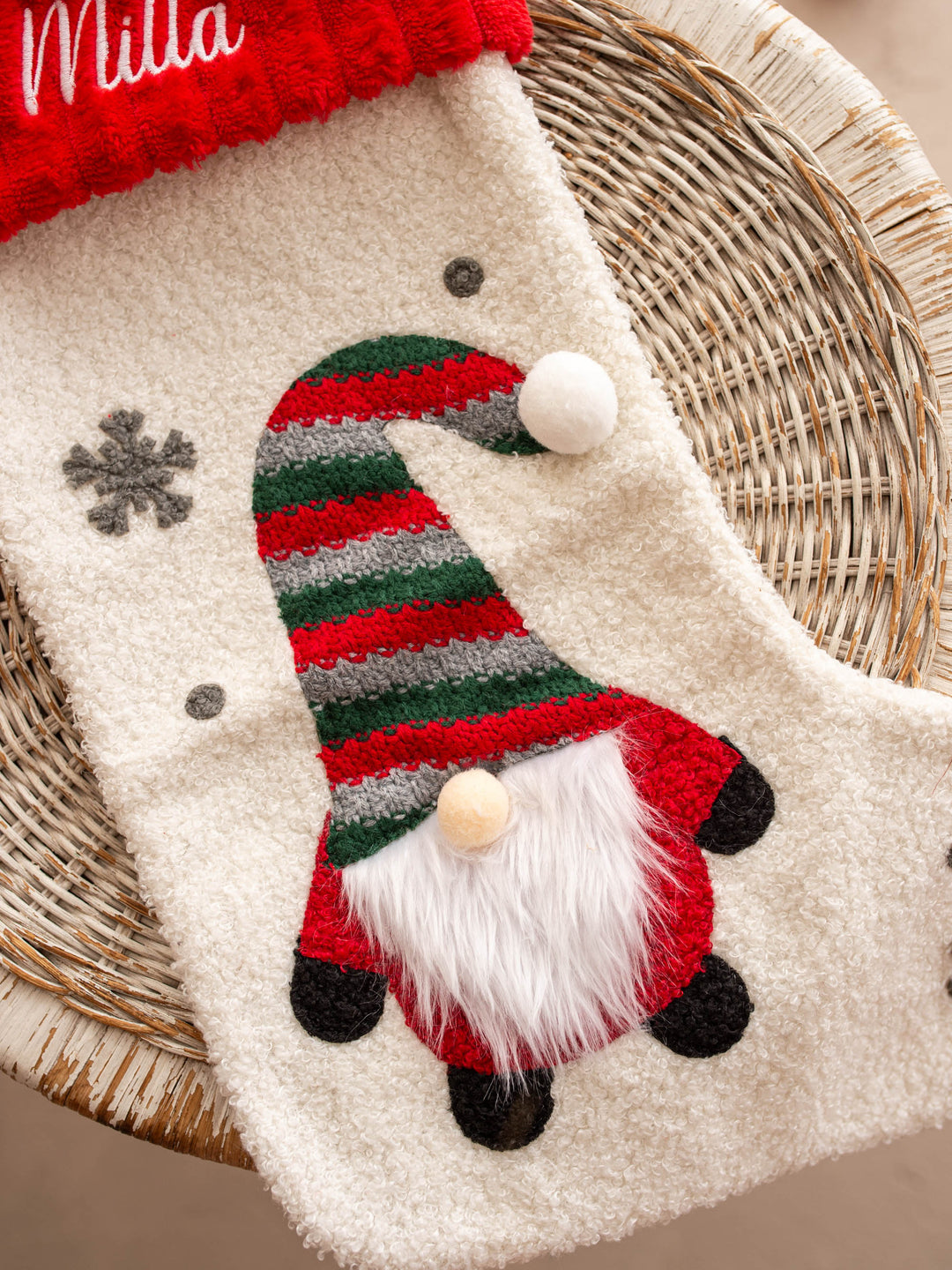 Gnome For Christmas personalised Christmas stocking, close up of the gnome on the cream stocking, fluffy white beard and striped hat - Before & Ever Kids