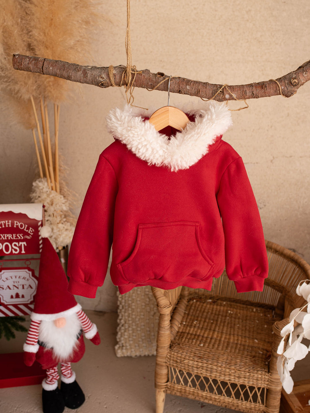 Ho Ho Hoodie red kids hoodie with a Santa hat hood, front view, white fluffy trim - Before & Ever Kids