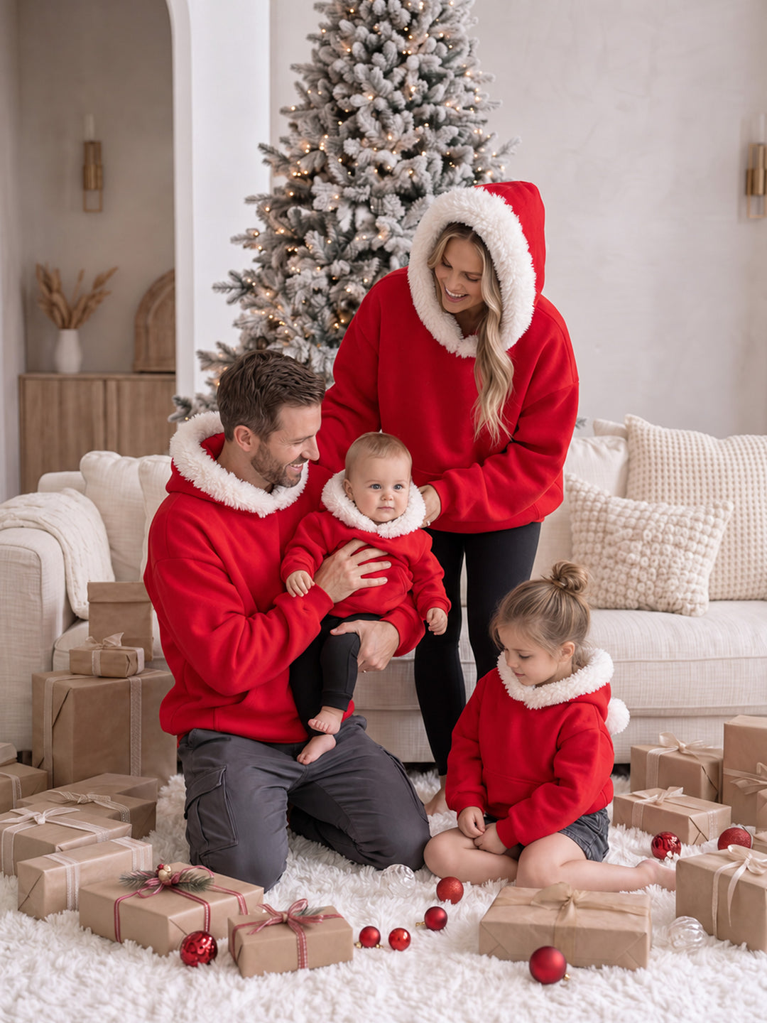 Ho Ho Hoodie red kids hoodies on a baby and an older child with their parents in the matching adult hoodies - Before & Ever Kids
