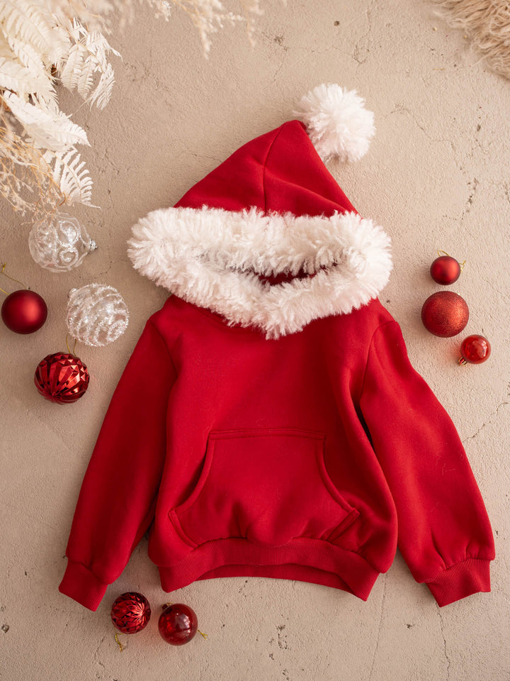 Ho Ho Hoodie red kids hoodie laid flat with the Santa hat hood up - Before & Ever Kids