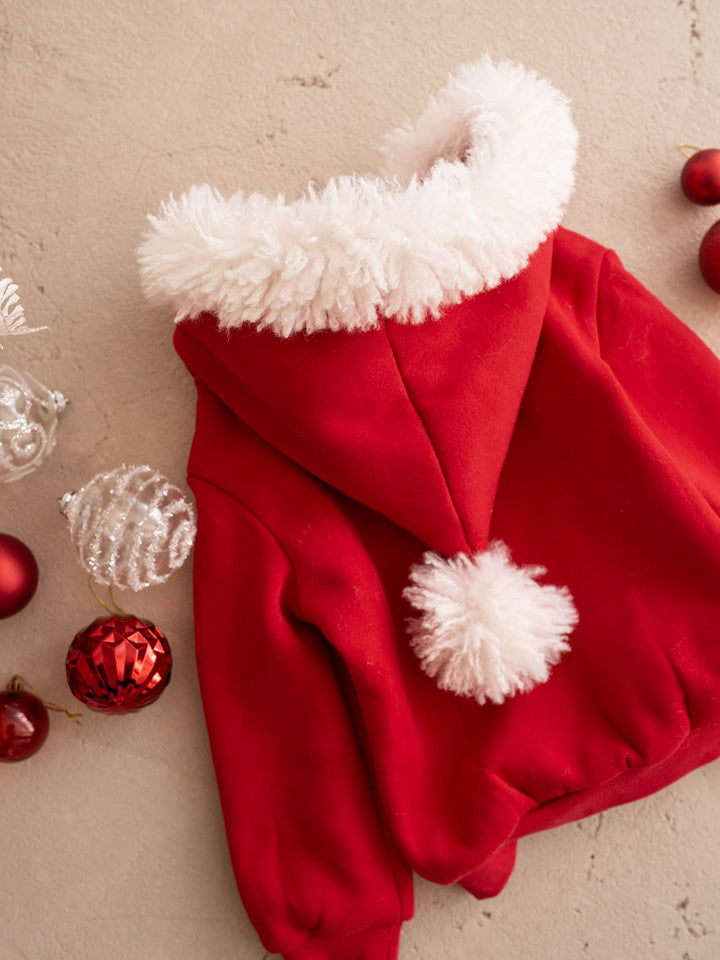 Ho Ho Hoodie red kids hoodie laid flat, back, Santa hat hood with pom-pom - Before & Ever Kids