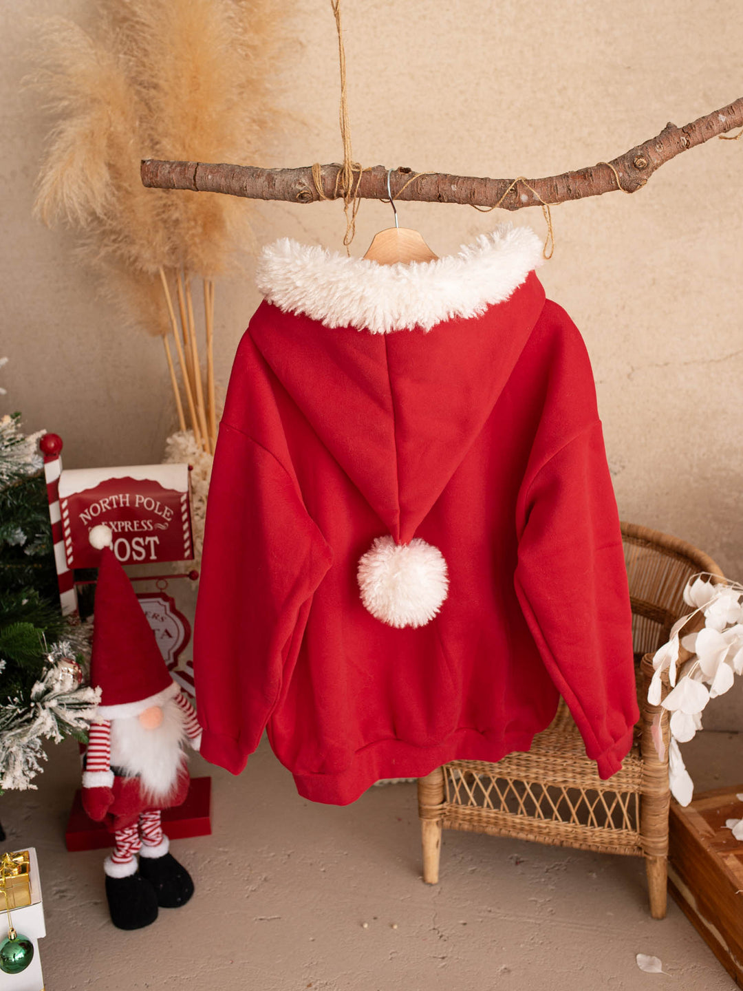 Ho Ho Hoodie red adult hoodie back view showing the Santa hat hood and white pom-pom - Before & Ever Kids