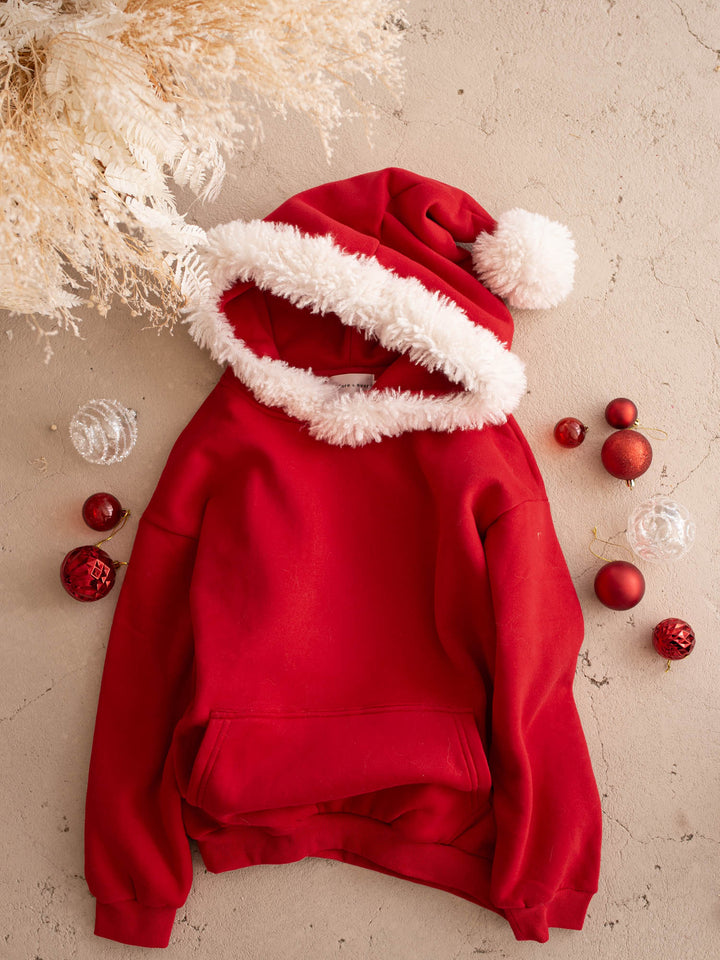 Ho Ho Hoodie red adult hoodie laid flat with the Santa hat hood up - Before & Ever Kids